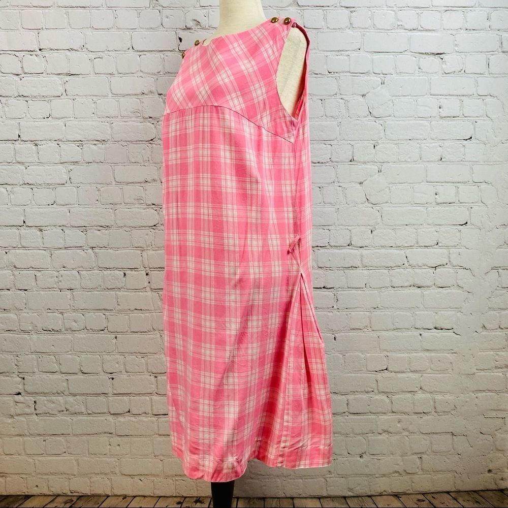 Vintage Pink Plaid Midi Dress Crew neck Sleeveless contour empire waist - Picture 5 of 11